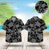 Black and white Hawaiian shirt featuring stylized turtle pattern with Polynesian tribal designs and wave motifs
