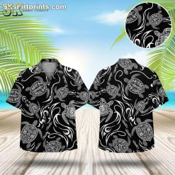 Black and white Hawaiian shirt featuring stylized turtle pattern with Polynesian tribal designs and wave motifs