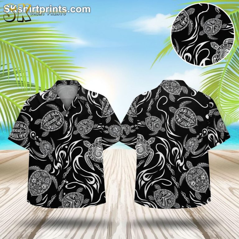 Black and White Hawaiian Shirt Mens Turtle Wave Print Short Sleeve Button Down Aloha Shirt