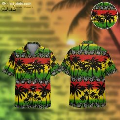 Black and yellow Hawaiian shirt with horizontal stripes, palm tree silhouettes and tropical floral pattern