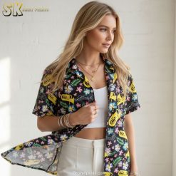 Black cat Hawaiian shirt size specifications and measurement chart showing available sizes and fit details