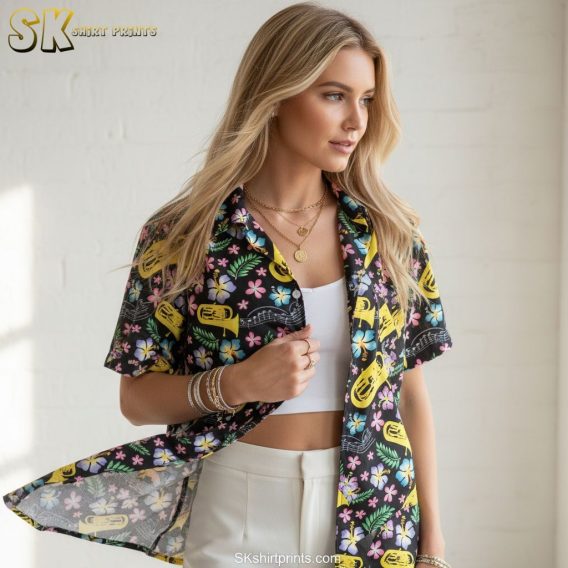 Black cat Hawaiian shirt size specifications and measurement chart showing available sizes and fit details