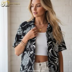 Black cat Hawaiian shirt product specifications showing size chart and material details