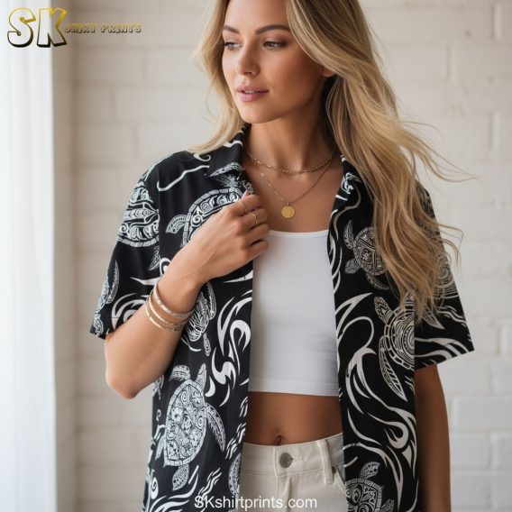 Black cat Hawaiian shirt product specifications showing size chart and material details