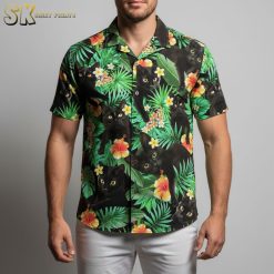 Black cat Hawaiian shirt with tropical monstera leaves and colorful plumeria flowers
