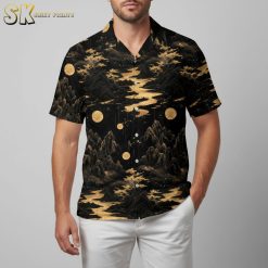 Black cat Hawaiian shirt with dark tropical landscape and moon design elements