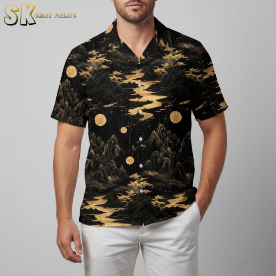 Black cat Hawaiian shirt with dark tropical landscape and moon design elements