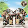 Black cat Hawaiian shirt with tropical hibiscus flowers and green leaves pattern for men and women
