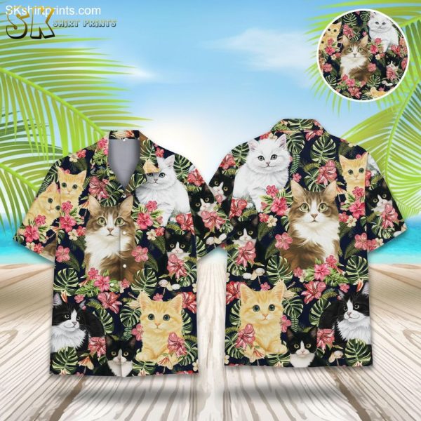 Tropical Black Cat Hawaiian Shirt for Men Women - Summer Beach Button Down with Pink Hibiscus Flowers