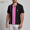 Black flamingo Hawaiian shirt displaying pink striped pattern and flamingo motif on pocket