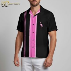 Black flamingo Hawaiian shirt displaying pink striped pattern and flamingo motif on pocket