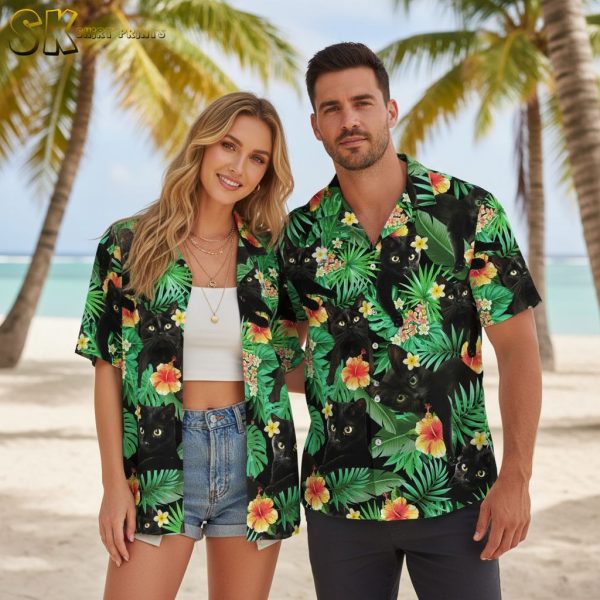 Black Cat Hawaiian Shirt with Tropical Flowers - Mens Summer Aloha Shirt