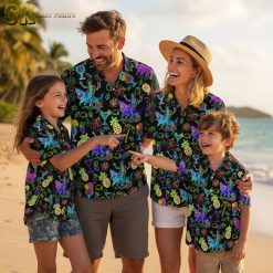 Black and gold Hawaiian shirt collection showing multiple tropical designs
