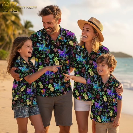 Black and gold Hawaiian shirt collection showing multiple tropical designs