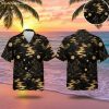 Black and gold Hawaiian shirt featuring mountain landscape design with celestial elements