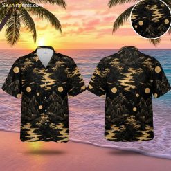 Black and gold Hawaiian shirt featuring mountain landscape design with celestial elements