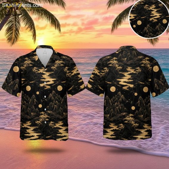 Black and gold Hawaiian shirt featuring mountain landscape design with celestial elements