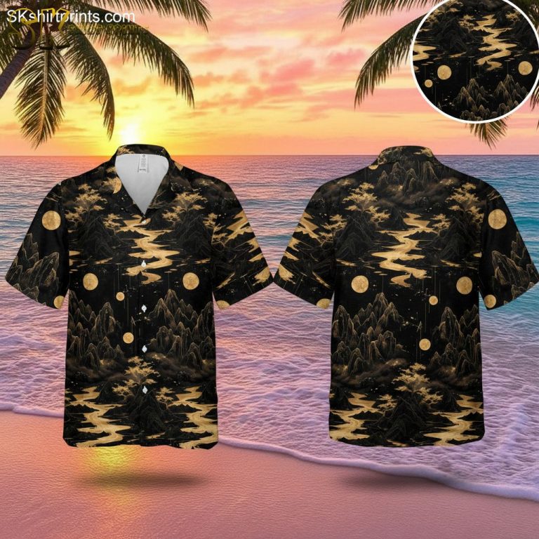 Men’s Black and Gold Hawaiian Shirt – Mountain Landscape Celestial Design Aloha Shirt