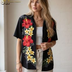 Black and gold Hawaiian shirt product specifications showing floral pattern details and sizing information