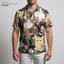Black Hawaiian shirt featuring colorful cat design with tropical elements for casual summer wear
