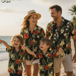 Black Hawaiian shirt collection showing various tropical floral patterns and designs