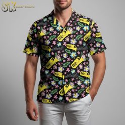 Black Hawaiian shirt with vibrant musical theme featuring instruments, tropical flowers and music staff lines