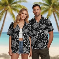 Black Hawaiian shirt with Polynesian turtle shell patterns and traditional wave designs