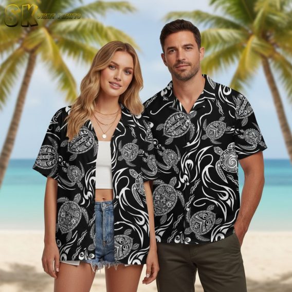 Black Hawaiian shirt with Polynesian turtle shell patterns and traditional wave designs