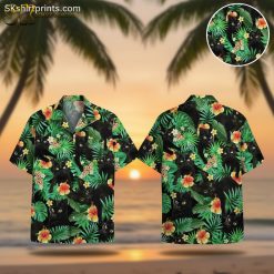 Black Hawaiian shirt featuring black cats among tropical leaves and colorful hibiscus flowers