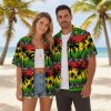 Black Hawaiian shirt with colorful tropical stripes, palm trees and island-themed floral design