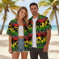 Black Hawaiian shirt with colorful tropical stripes, palm trees and island-themed floral design