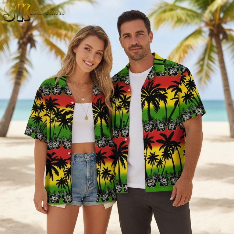 Black and Yellow Hawaiian Shirt Men – Tropical Palm Tree Hibiscus Aloha Button Down Beach Shirt