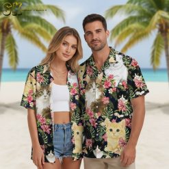 Black on black Hawaiian shirt with subtle cat and tropical pattern in monochromatic design