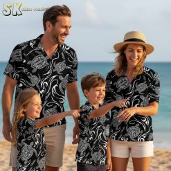 Black on black Hawaiian shirt collection showing various turtle pattern designs and styles