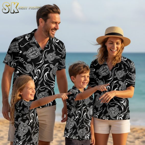Black on black Hawaiian shirt collection showing various turtle pattern designs and styles
