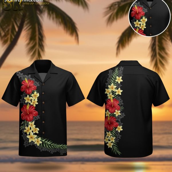 Black on Black Hawaiian Shirt with Red Hibiscus and Yellow Plumeria Tropical Floral Print