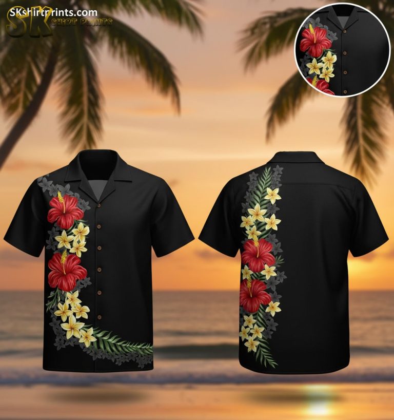 Black on Black Hawaiian Shirt with Red Hibiscus and Yellow Plumeria Tropical Floral Print