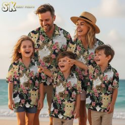 Collection of black and pink Hawaiian shirts with cat and hibiscus flower patterns in multiple styles