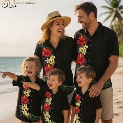 Black and pink Hawaiian shirt collection featuring various tropical floral patterns with pink hibiscus accents