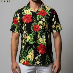 Black and pink Hawaiian shirt with red hibiscus flowers and tropical leaf pattern