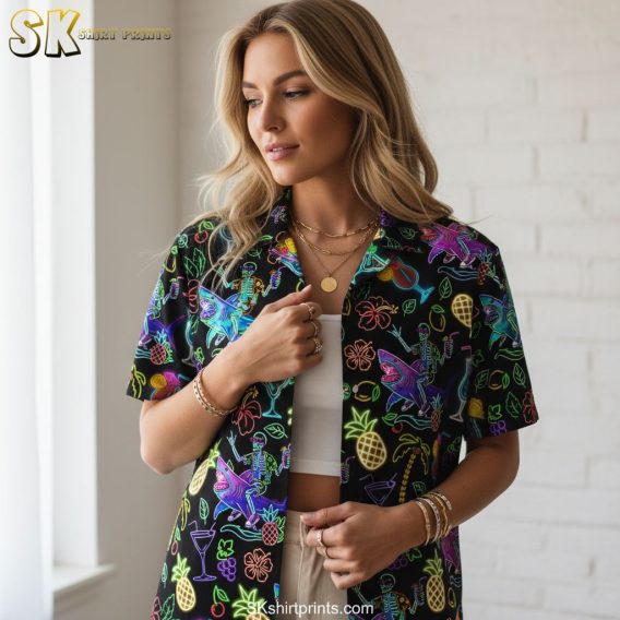 Black and pink Hawaiian shirt size chart and specifications display