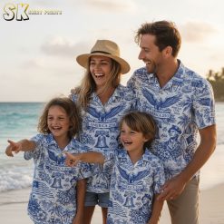 Black white aloha shirt collection showcase featuring multiple patriotic America designs and color options