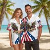 Black and white aloha shirt displaying American eagle with flag design and patriotic anniversary celebration graphics