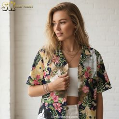 Black and white Hawaiian shirt with cat pattern showing size specifications and product details