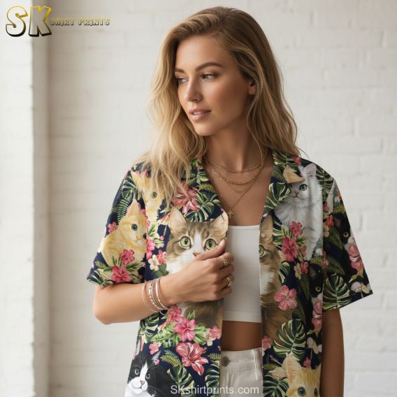 Black and white Hawaiian shirt with cat pattern showing size specifications and product details