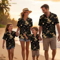 Black and white Hawaiian shirt collection showing multiple landscape design variations