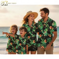 Black and white Hawaiian shirt collection featuring various cat and tropical designs