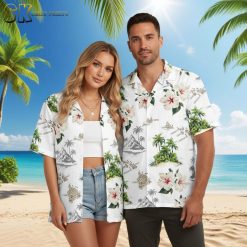 Black and white Hawaiian shirt with contrasting tropical island and floral design