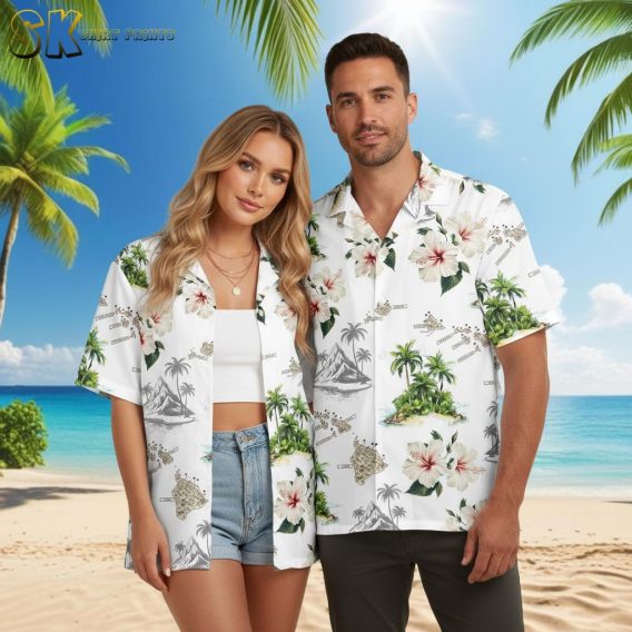 Black and white Hawaiian shirt with contrasting tropical island and floral design