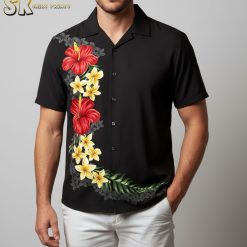 Black and yellow Hawaiian shirt with bright yellow plumeria flowers and red hibiscus on black fabric